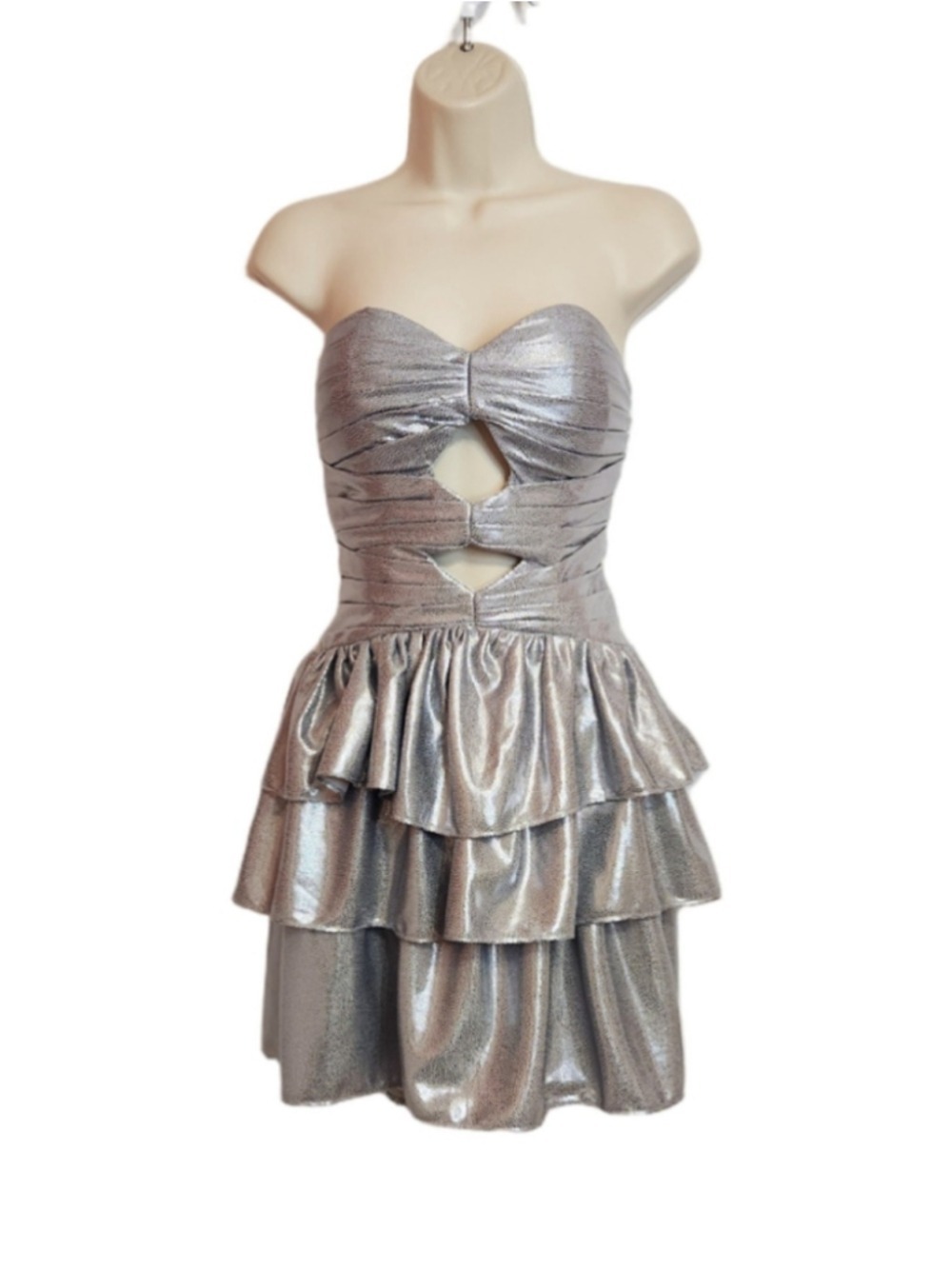 Silver Metallic Cut Out Strapless Ruffle Lace Up Mini Dress Small